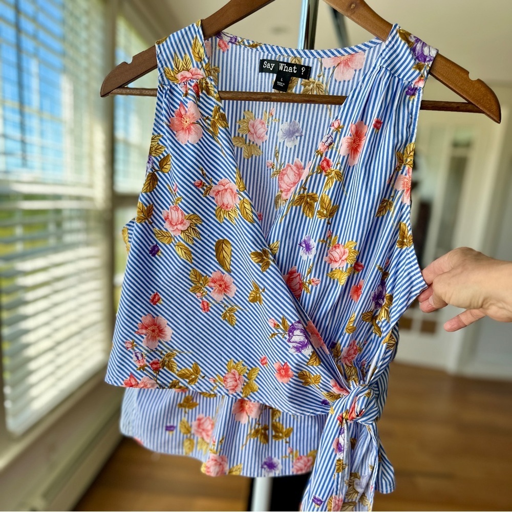 Say What? Blue & White Striped Floral Tie-Waist Sleeveless Blouse
